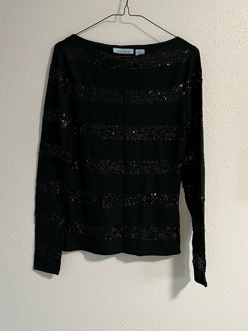 Gene Meyer Silk Blend Black Sequin Stripe Crew Neck Sweater Size Small